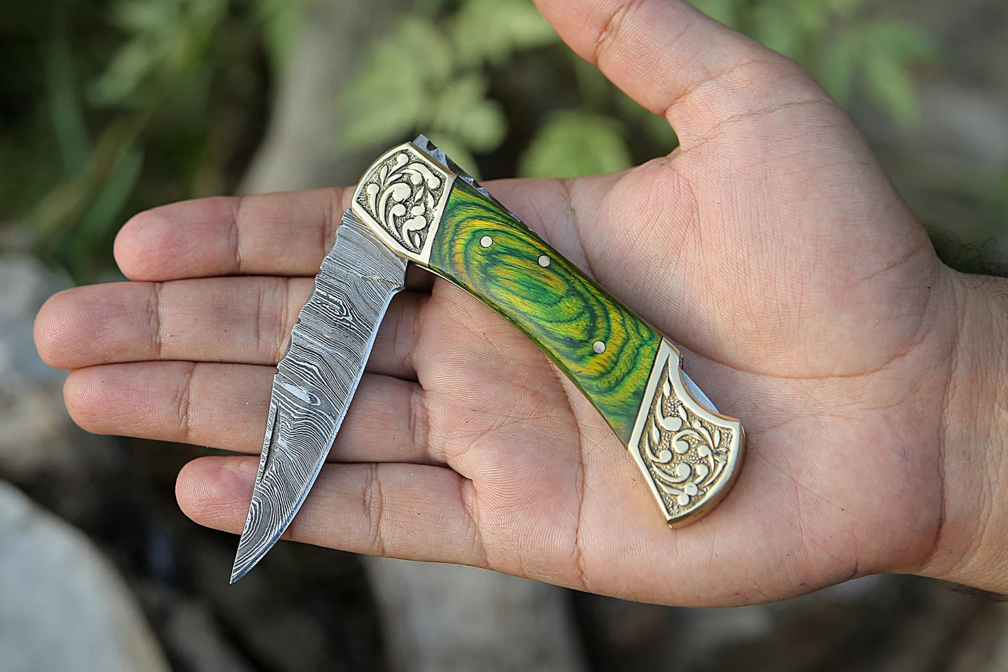 Handmade Damascus Pocket Knife Green