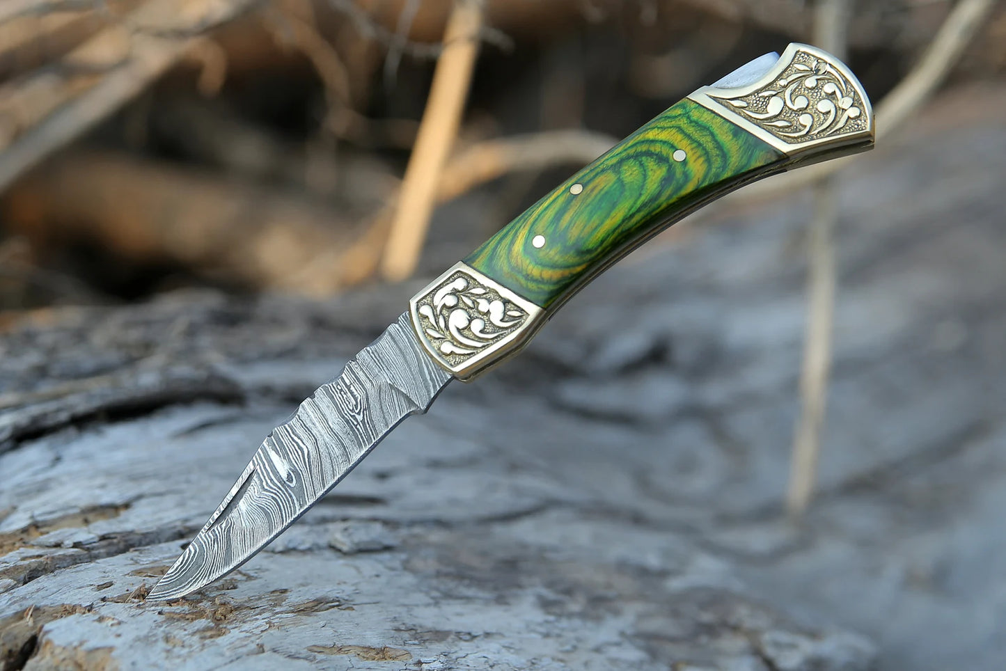 Handmade Damascus Pocket Knife Green
