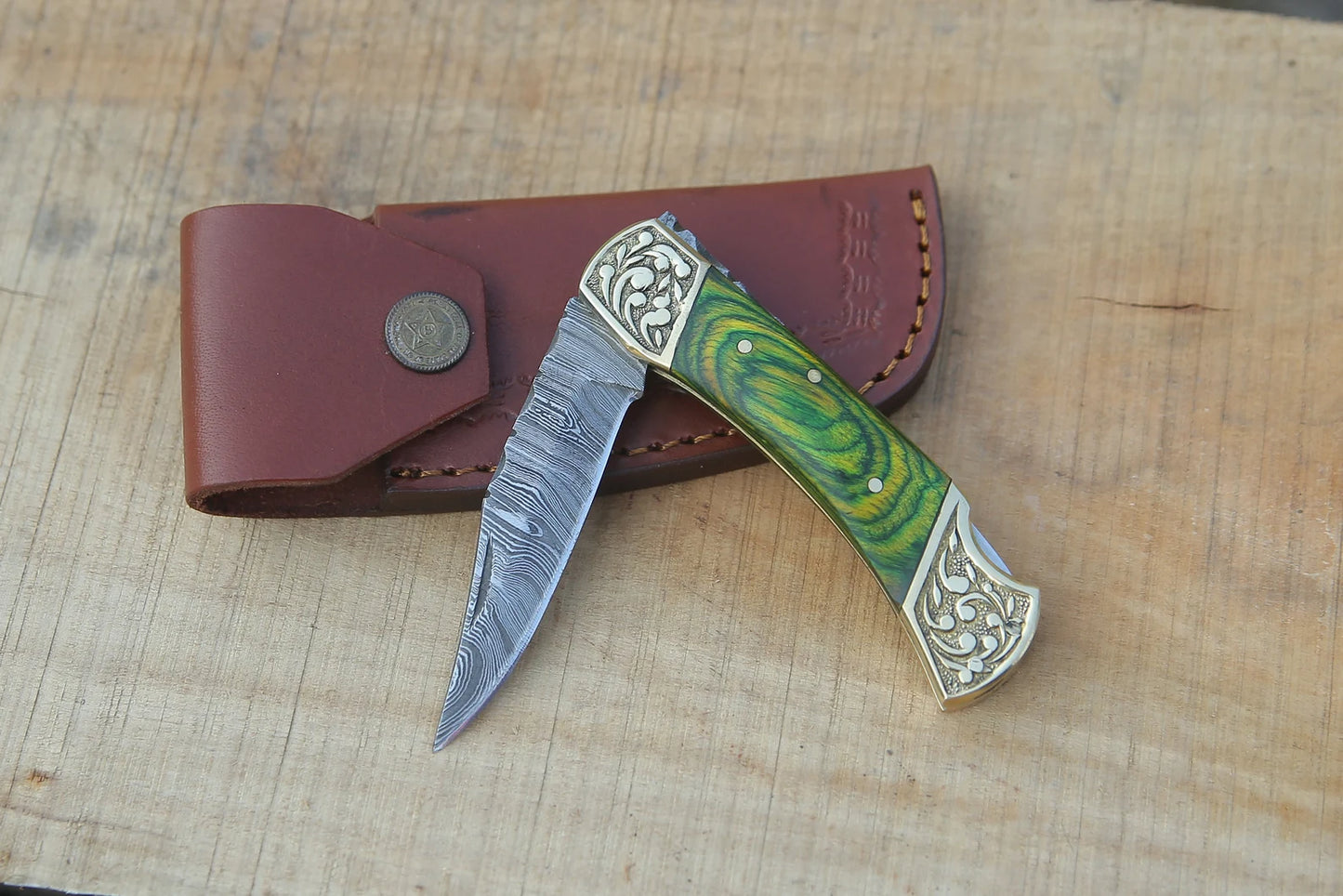 Handmade Damascus Pocket Knife Green