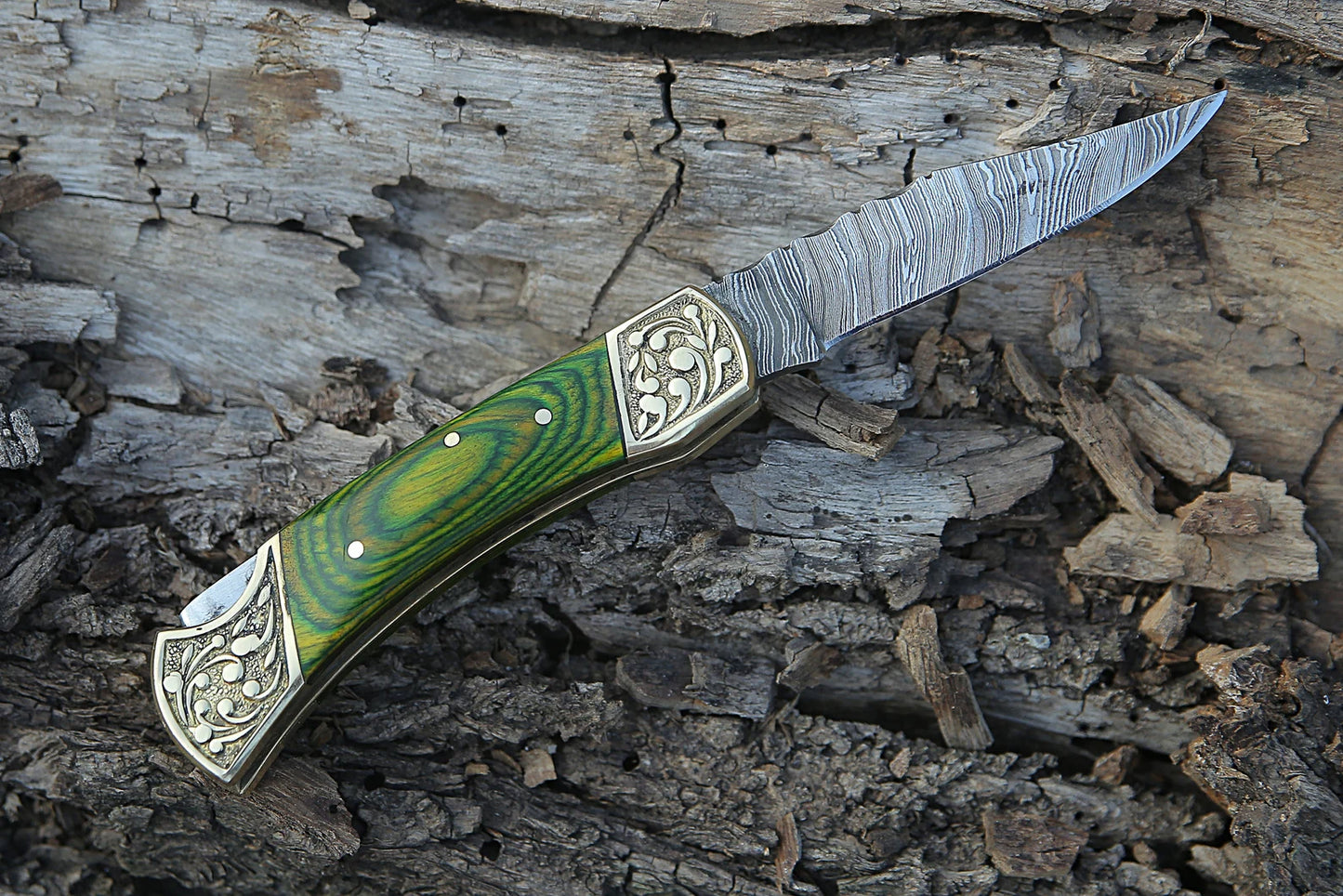Handmade Damascus Pocket Knife Green