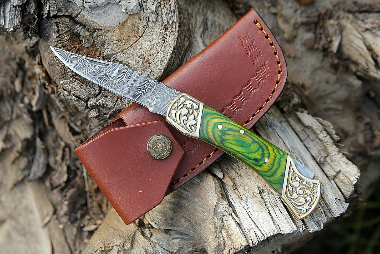 Handmade Damascus Pocket Knife Green