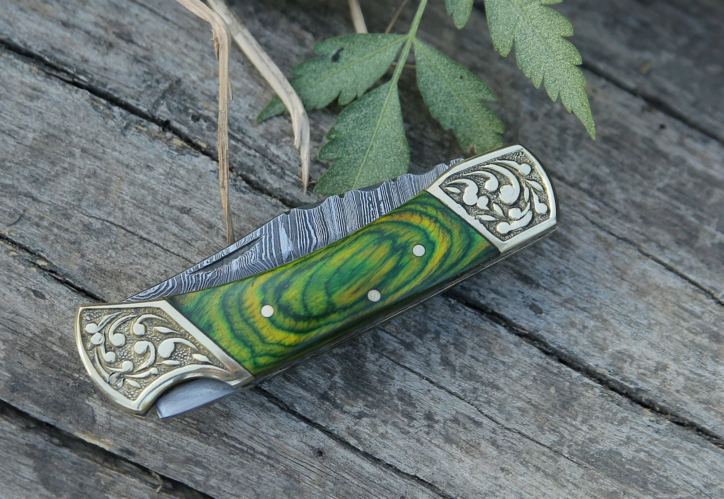 Handmade Damascus Pocket Knife Green