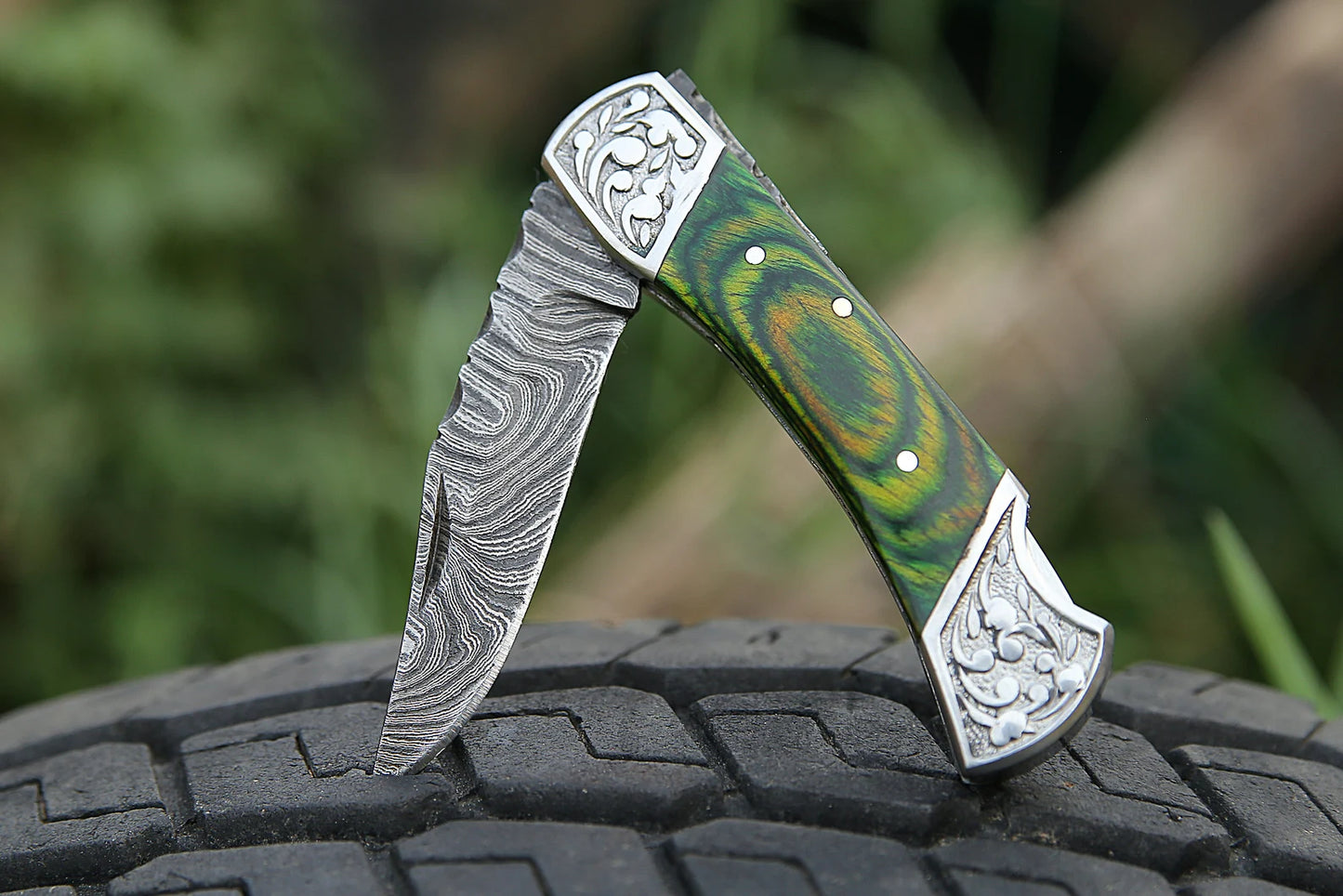 Handmade Damascus Pocket Knife Green
