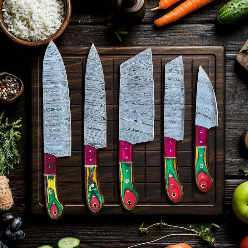 Hand Forged Damascus Steel Chef Knife 5 Piece Chef Set