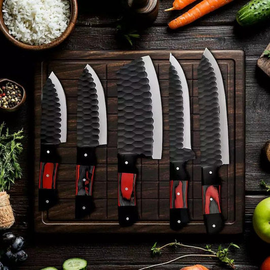 Chef Knife Set Textured Blade Kitchen Knives Red and Black Handle