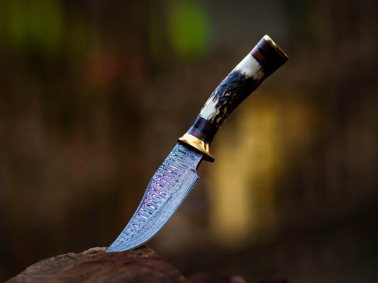 Hand-Forged Damascus Steel Knife Stag & Brass Handle