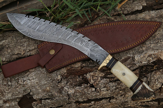 White Bone Kukri Knife Mosaic Pin Stag Horn Handle Damascus Steel Big Hunting Knife With Pouch.