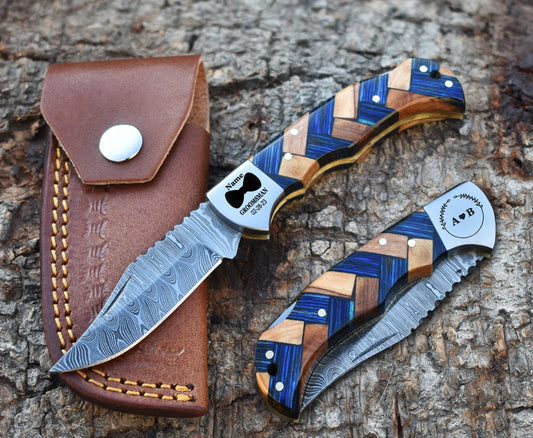 Handmade Damascus Pocket Knife Olive Wood Handle